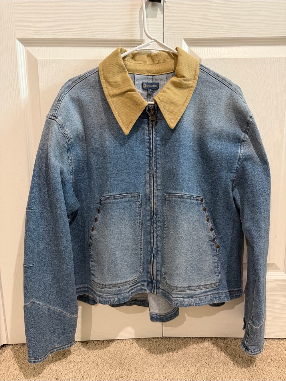 Democracy Light Blue Denim Jacket with Tan Collar